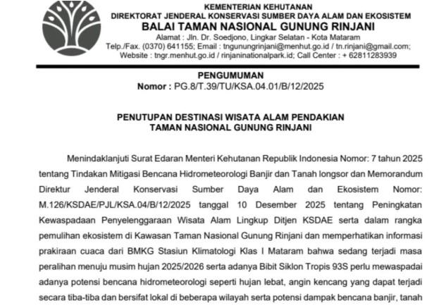 Penutupan Sementara Jalur Pendakian Gunung Rinjani Awal 2026