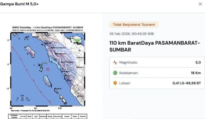 Gempa Magnitudo 5,0 Guncang Pasaman Barat dan Sumatera Utara, BMKG Pastikan Tidak Berpotensi Tsunami