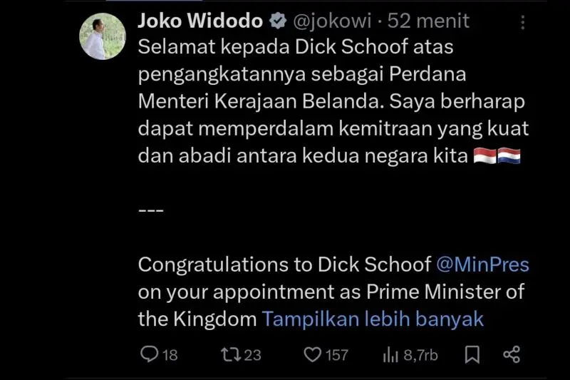 Kala Jokowi Beri Selamat ke PM Belanda Dick Schoof, Harap Perkuat Kemitraan