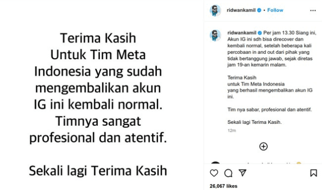 Akun Instagram Ridwan Kamil Kembali Pulih Usai Diretas, Unggahan Misterius Bikin Heboh