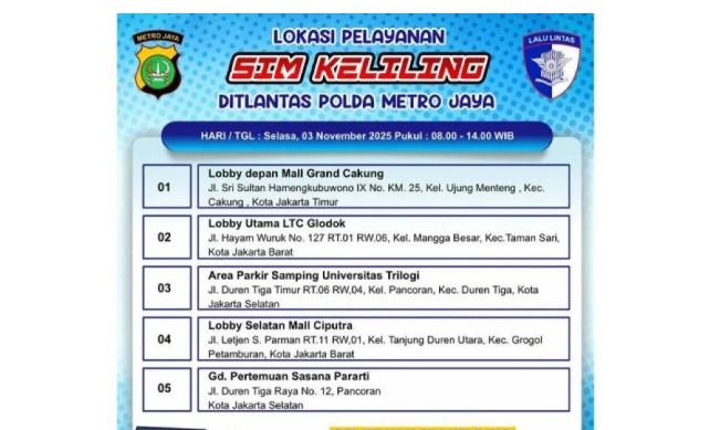 Layanan SIM Keliling Hadir di 5 Titik Jakarta Hari Ini, Khusus Perpanjangan SIM A dan C