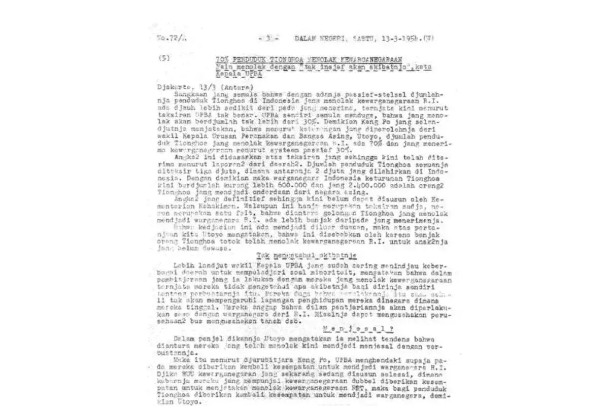 Data 1954 Ungkap 70 Persen Penduduk Tionghoa Tolak Kewarganegaraan RI, Pemerintah Siapkan RUU Baru