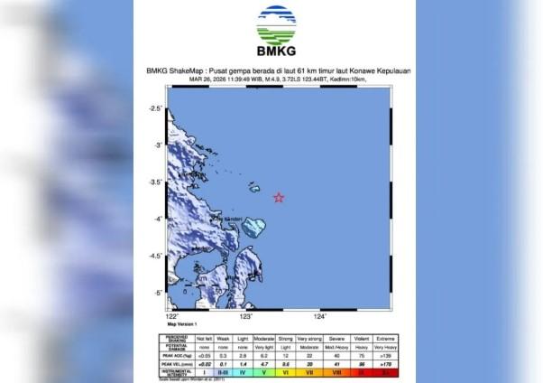Gempa Magnitudo 4,9 Guncang Konawe Kepulauan, Getaran Terasa hingga Kendari dan Konsel
